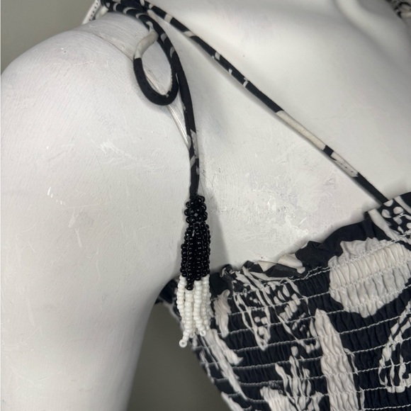 FARM RIO Black/White POPLIN BEADED TROPICAL CELESTIAL SUNS MIDI DRESS M - Picture 9 of 12